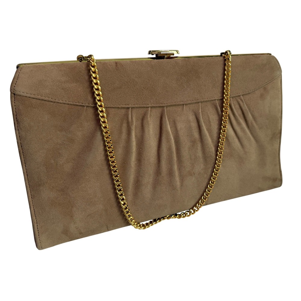Vintage Lennox Suede Clutch Handbag Tan Beige Gold Chain Strap Evening Purse